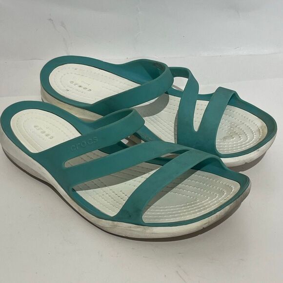 Crocs Women’s Aqua Teal Blue Slip On Swiftwater Strappy Slide Sandals Size 7 - Picture 2 of 11